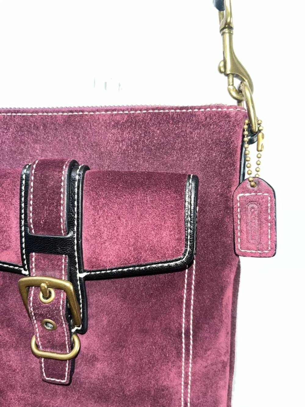 Coach Burgundy Suede Crossbody Bag with Black Trim & Gold Hardware